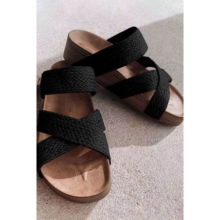 Black Linen Woven Cross Criss Hollowed Slip-On Slippers