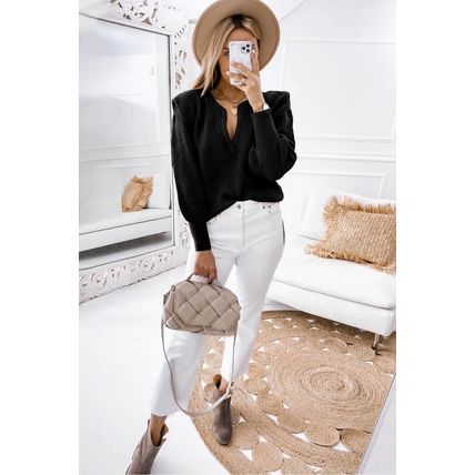 Black Braided Notched V Neckline Puff Sleeve Knitted Sweater