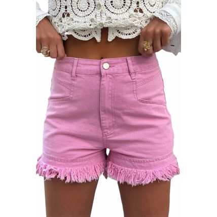 Pink Frayed Edge Mid Rise Denim Shorts