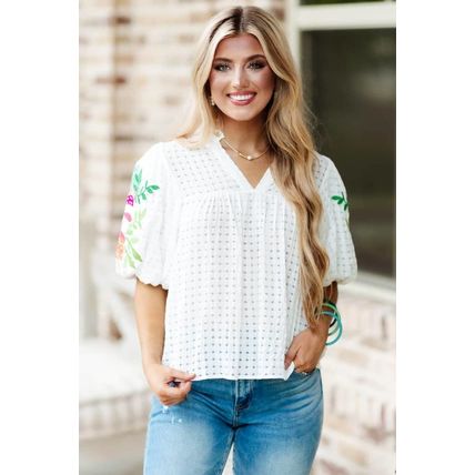 White Floral Embroidered Puff Sleeve Notched Neck Blouse