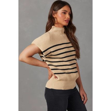 Parchment Striped Ribbed Knit High Neck Sweater