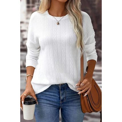 White Round Neck Drop Shoulder Textured Knit Top