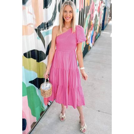 Strawberry Pink Asymmetric Puff Sleeve Smocked Bodice Tiered Midi Dress