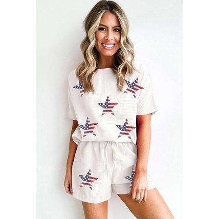 White Waffle Sequin American Flag Star Pattern 2Pcs Shorts Set