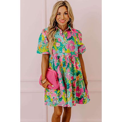 Green Floral Puff Sleeve Collar Buttoned Babydoll Dress