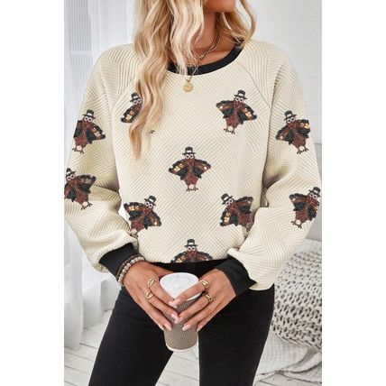 Jet Stream Textured Colorblock Edge Sequin Turkey Graphic Long Sleeve Top