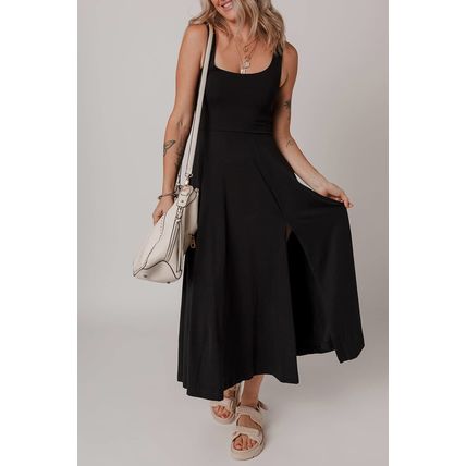 Black Sleeveless Scoop Neck Flared Split Midi Dress