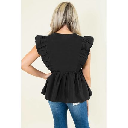 Black Contrast Ricrac Trim Ruffled V Neck Peplum Top