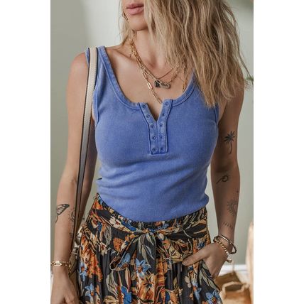 Sky Blue Mineral Wash Ribbed Notch Neck Tank Top