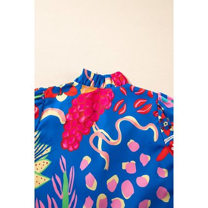 Blue Abstract Print Frilled Collar Ruffled Puff Short Sleeve Top