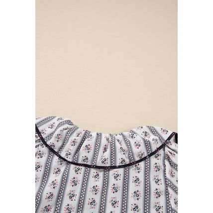 White Floral Ruffled Collar Short Puff Sleeve Printed Blouse