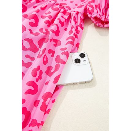 Rose Leopard Puff Sleeve Tie Front High Waist Mini Dress