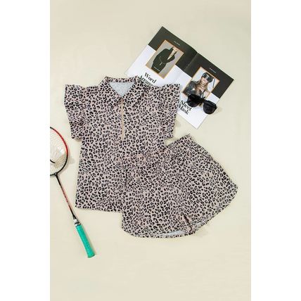 Brown Leopard Half Zipper Collared Ruffled Sleeve Top and Short Set