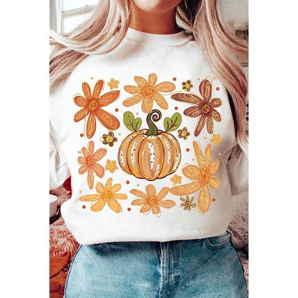 White Flower Pumpkin Printed Cotton Blend Sweatshirt