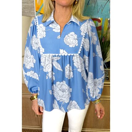 Sky Blue Floral Ricrac Trim Collared Puff Sleeve Loose Blouse