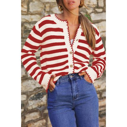 Red Stripe Chic Golden Button Cardigan Sweater