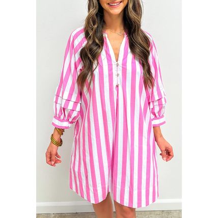 Rose Stripe Bracelet Sleeve Buttons Loose Mini Dress