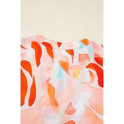 Orange Abstract Print Split Neck Long Sleeve Dress