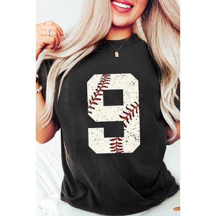 Black Number 9 Distressed Baseball Pattern Oversize Tee