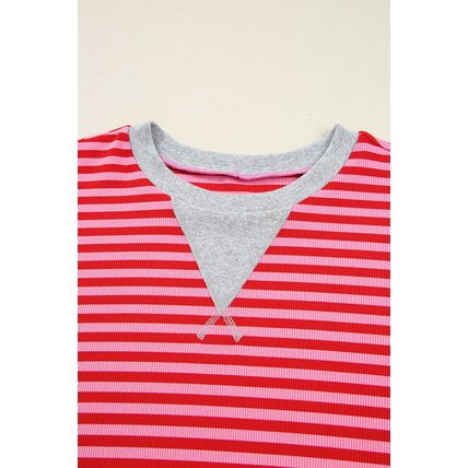 Red Stripe Drop Shoulder Baggy Pullover and Shorts Casual Set