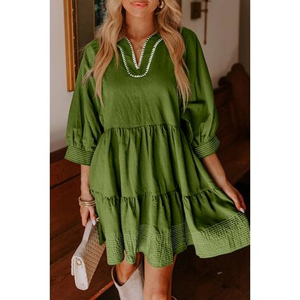 Jungle Green Contrast Stitched V Neck 3/4 Sleeve Tiered Mini Dress