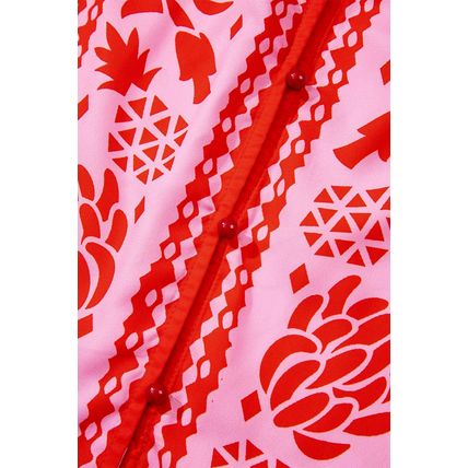 Strawberry Pink Abstract Floral Print Tie Neck Button Decor 3/4 Sleeve Blouse