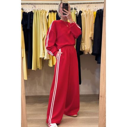 Fiery Red Varsity Striped Detail Crewneck Pullover Elastic Sweatpants 2pcs Outfi