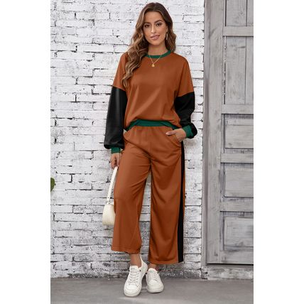Chestnut 2pcs Color Block Pullover Loose Pant Set