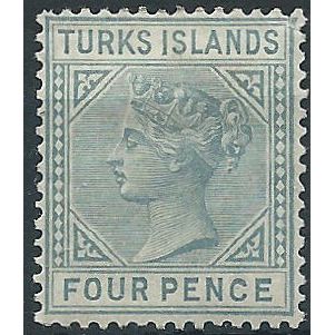 Turks Islands 1884 SG57 4d Grey Wmk Crown CA Mounted Mint.