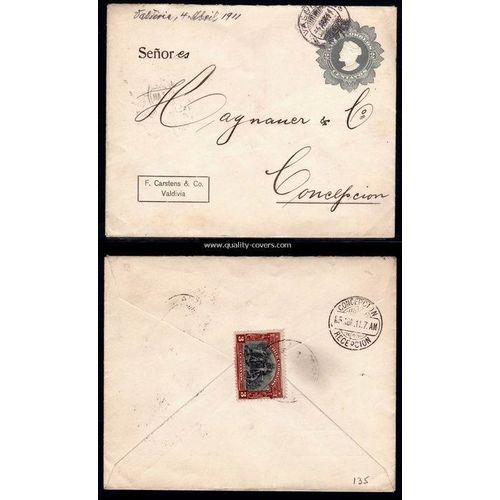 Chile Postal Sta. 1911 Uprated Valdiivia to Concepiion, Christopher Columbus