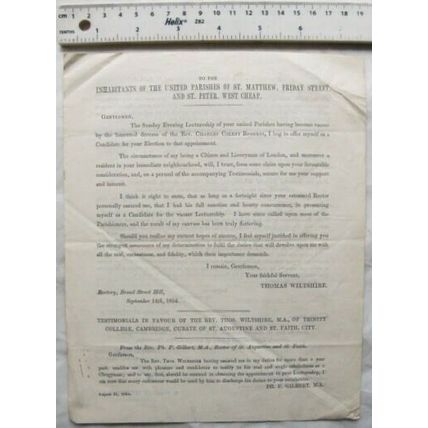 1854 letter Wiltshire St. Matthew, Friday St West Cheap