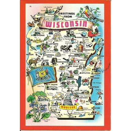 United States WISCONSIN Map Postcard (W-1)