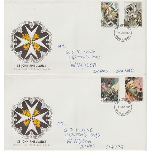 GB 1987 St John Ambulance set on 2 GPO FDCs Windsor pm see others