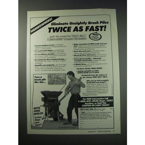 1991 Troy-Bilt Tomahawk Chipper/Shredder Ad - Eliminate unsightly brush piles