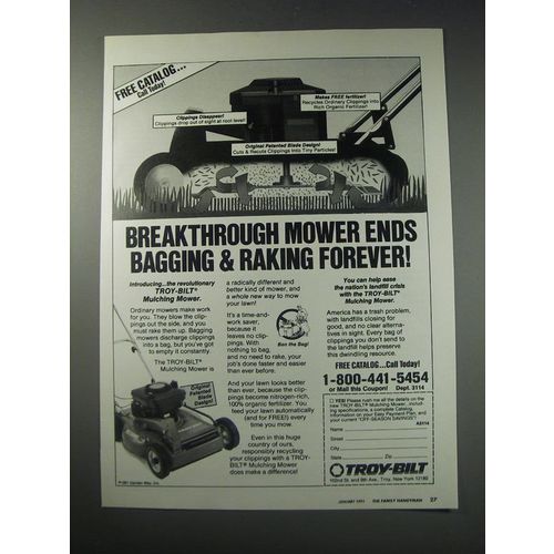 1991 Troy-Bilt Mulching Mower Ad - Breakthrough mower ends bagging & raking