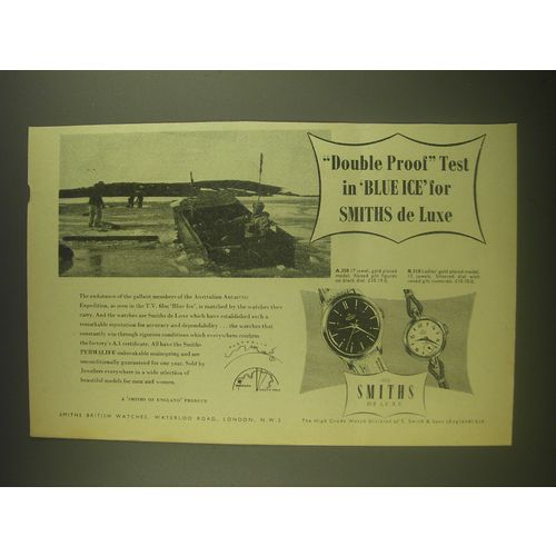 1955 Smiths A.358 and B.310 Watches Ad - Double proof test in Blue Ice