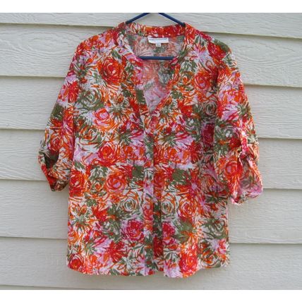 Rebecca Malone Floral Blouse Large L 44 Chest Bright Flowers Button Down Top