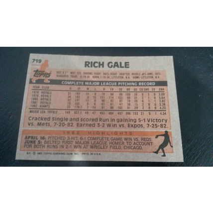 1983 Topps Card # 719 Rich Gale Excellent (5) San Francisco Giants