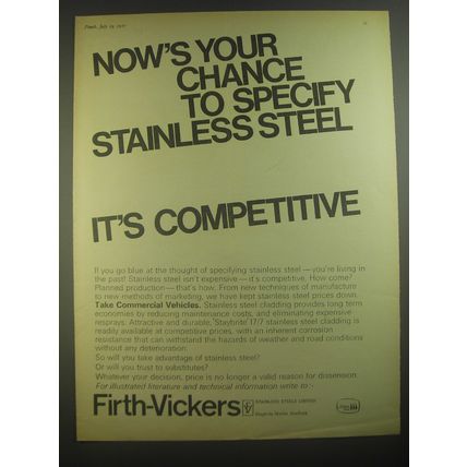1967 Firth-Vickers Stainless Steel Ad - Now's your chance to specify stainless