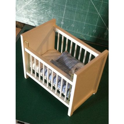 White Dropside Cot Blue Patchwork Bedding 1:12th Dolls House Miniature