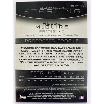 2013 Bowman Sterling Prospect Autographs #BSAP-RMC Reese McGuire