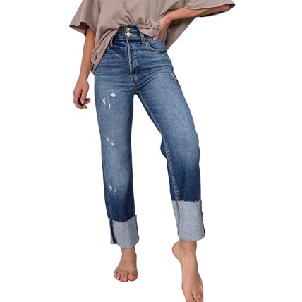 Blue High Waist Distressed Straight Leg Jeans