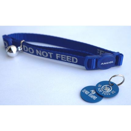 DO NOT FEED REFLECTIVE SAFETY CAT COLLAR BLUE & PERSONALISED TAG & CAT BOWL ICON