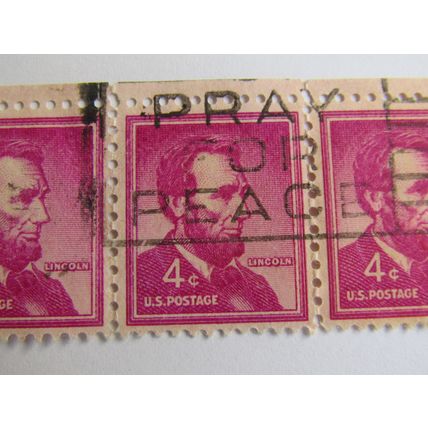 3-Abraham Lincoln 4 cent stamp purple! Rare Stamp! - Pray For Peace Postmark