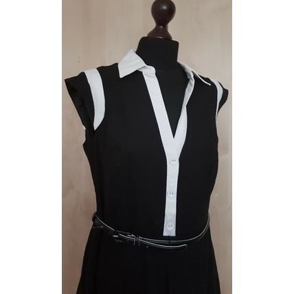 Collection Linen Colourblock White Black Fit &Flare Belt Dress 16 UK