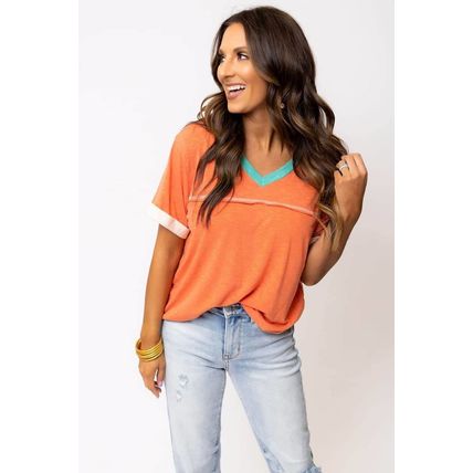 Grapefruit Orange Contrast Trim Exposed Seam V Neck T-shirt