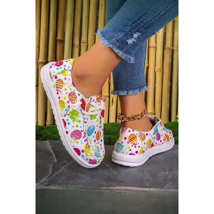 Easter Eggs Printed Square Toe Slip On Canvas Flats