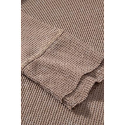 Coffee Acid Wash Waffle Knit Buttoned Neckline Long Sleeve Top