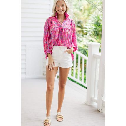 Purple Plus Size Floral Print Puff Sleeve V Neck Blouse
