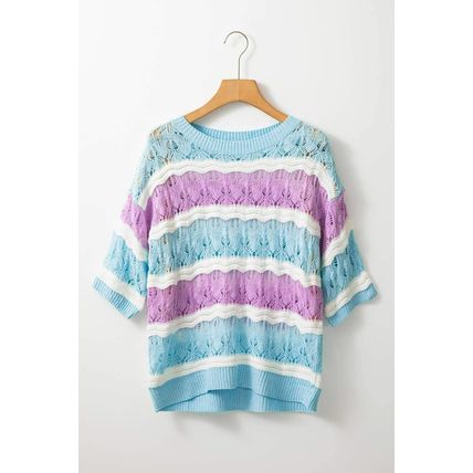 Purple Stripe Color Block Hollow Out Crochet Half Sleeve Sweater